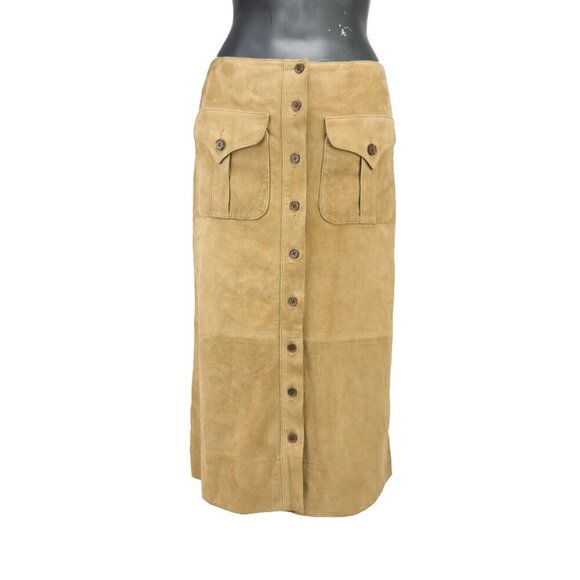 RALPH LAUREN Blue Label Suede Heritage Beige Luxury Boho Western Midi Skirt 38 - Picture 1 of 14